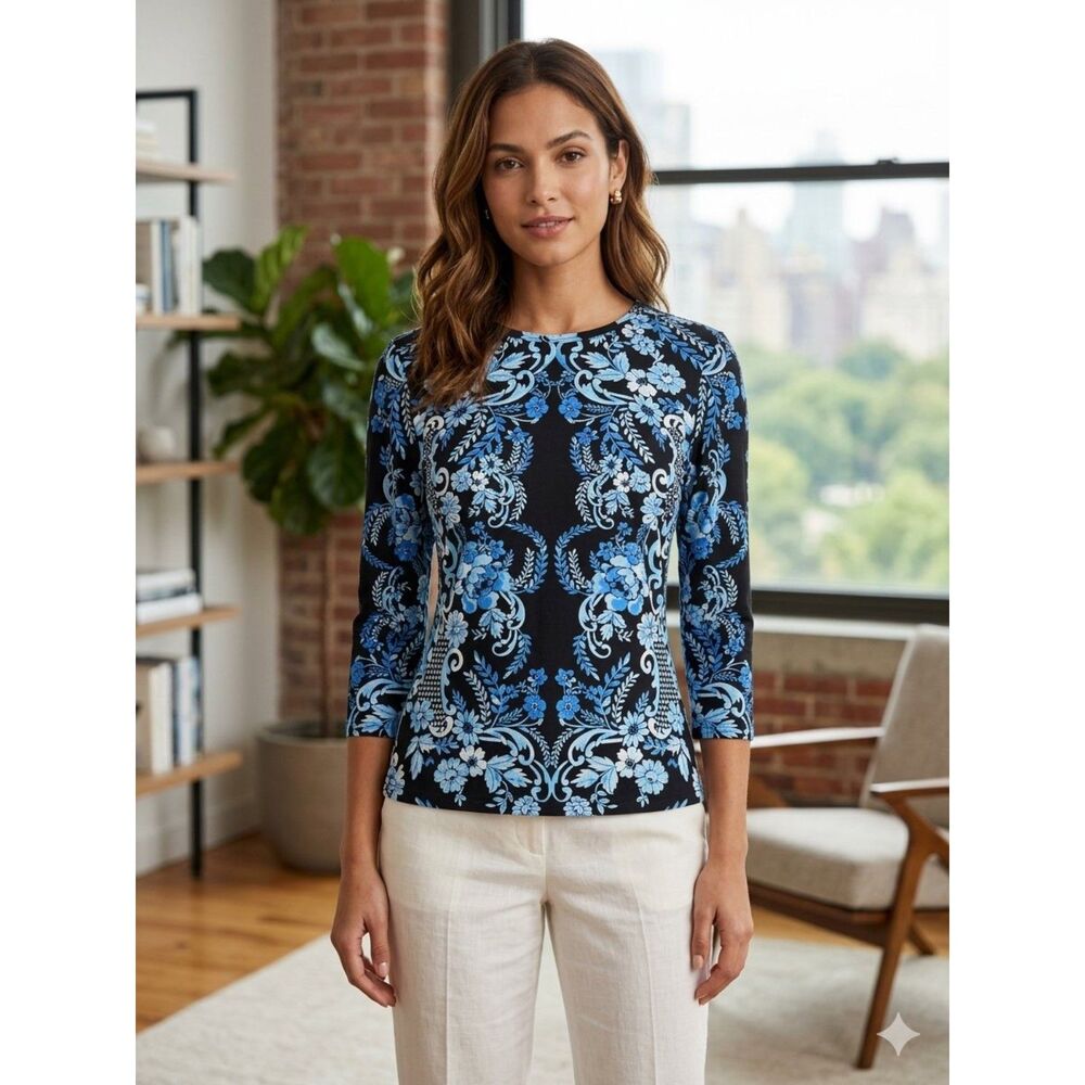 J. Mclaughlin Catalina Cloth 3/4 Sleeve Crew Neck Shirt - Black/ Blue Floral XL